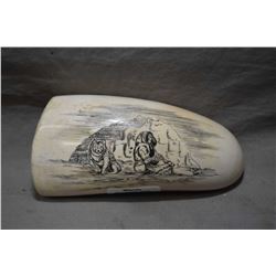 Large Ivory Whalestooth Scrimshaw depicting Inuit and Dog in front of Igloo