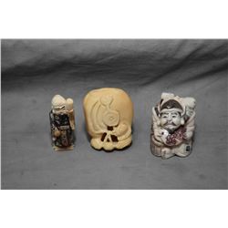 Lot of Three Carved Netskes [ Oriental Fisherman w/ basket - Oriental Man - Oriental Fish & Carved L