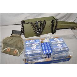 Lot of Two Items : Small Green Metal Military Ammo Can : with three .8 MM Belts, one starter belt, a