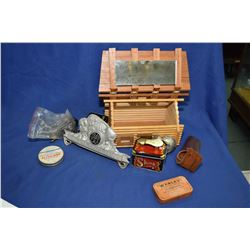 Box Lot : Hand Made Wooden Log Cabin  with mirror on flip up door  - 5 Cent Metal Shoe Shine Box Toy