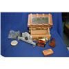 Image 1 : Box Lot : Hand Made Wooden Log Cabin  with mirror on flip up door  - 5 Cent Metal Shoe Shine Box Toy