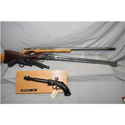 Lot of Four Decorator Items : W. Bailes Over & Under Flintlock Rifle -  Black Flintlock Pistol mount