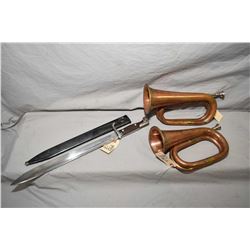 Lot of Three Items : Pre World War One Butcher Bayonet w/ scabbard - Two Brass & Copper Bugles