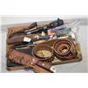 Image 1 : Tray Lot : Military Back Pack - Four Hunting Knives w/ leather scabbards including : Schrade Old Tim