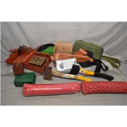 Box Lot : Two Hatchets - 2 Leupold Sun Shades - NCR Star Window Mount - 2 Red Ropes - Box 40 Rnds Fa