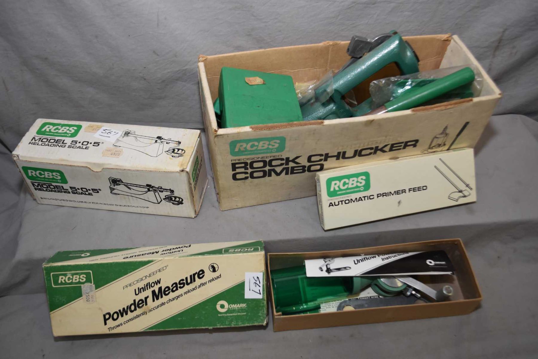 Box Lot Rcbs Rock Chucker Combo Press Rcbs 505 Scale Rcbs Uniflow Powder Measure All In Orig