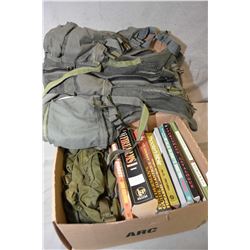 Box Lot of Books : Firearms Catalogue - Flayderman's - Military Back Pack - Hunting Vest w/ camo ton