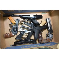 Box Lot : Eight Various Pellet Pistols : BSA Scorpion - Benjamin Air Rifle Co. Model 130 - Webley Hu