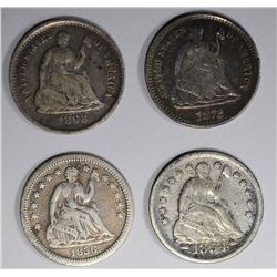 4 SEATED LIBERTY HALF DIMES:  1872 XF SCRATCHES,