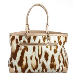 Christian Dior Beige White Canvas Leather Leopard Print Large Tote Bag