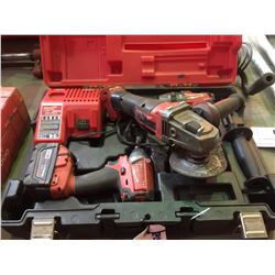 MILWAUKEE CORDLESS TOOL SET WITH 2 DRILLS, GRINDER, CHARGER AND CASE