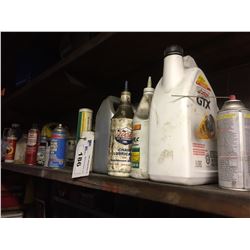 SHELF LOT OF ASSORTED OILS, PAINTS, LUBRICANTS AND MORE