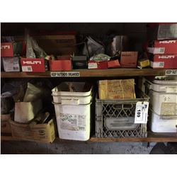 CONTENTS OF SHELF NEAR STAIRWAY INC. ASSORTED HILTI STOCK, CONTENTS OF BINS AND MORE