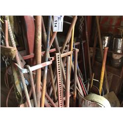 LOT OF ASSORTED HAND TOOLS, SHOVELS, HAMMERS AND MORE