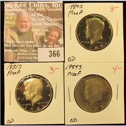 1980 S, 81 S, & 84 S Proof Kennedy Half Dollars. Red Book value is $10.00.