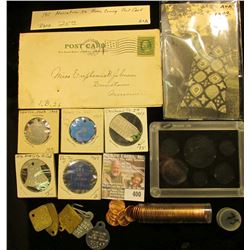 "Obsolete Coin Set" plastic case; old Post card of Lady displaying quilt; 1911 Muscatine, Ia. Home C