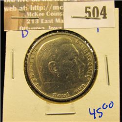 1935-D Silver German 5 Mark Coin With Von Hindenburg On The Front