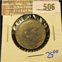 1937-F Silver German 2 Mark Coin With Swastikas On The Reverse