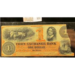 One Dollar Note From Corn Exchange Bank In Desoto, Nebraska.  It Was Printed In December 12th 1860