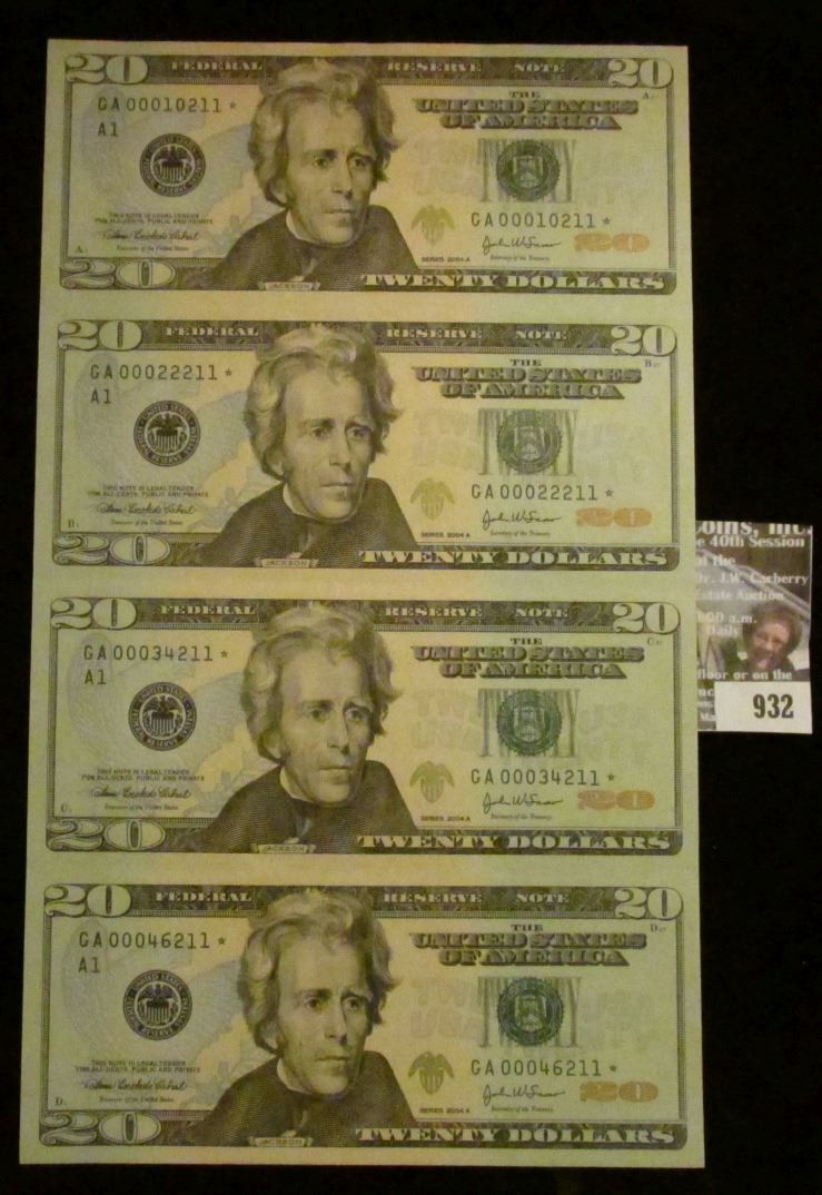 932 _ Uncut Sheet Series 2004A Star Replacement notes of $20 notes, all ...
