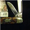 Image 3 : 1121 _ Western Three-blade Folding Knife, Staghorn handle, used. Silver-colored inlay. Model 742B.