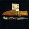 Image 2 : 1122 _ Western Sheath Knife with sheath & 3" blade, banded black and red bands with Stag horn and al