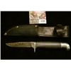 Image 2 : 1127 _ Western Sheath Knife with sheath & 3 1/4" blade, banded black with silver-colored bands and a
