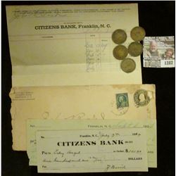 1287 _ (2) Different "Citizens Bank Franklin, N.C." 1924 era Checks (hole cancelled) with Deposit in