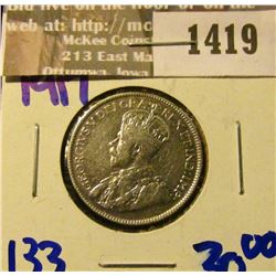 1419 _ 1917 C Newfoundland Twenty-Five Cent Piece. VF-EF.