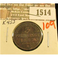 1514 _ 1853A Prussia, Germany 3 Pfennig, K453, VF.