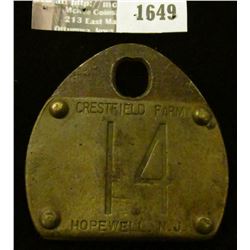 1649 _ Large Metal Dairy Cow Tag, Crestfield Farm, 14, Hopewell, N.J.