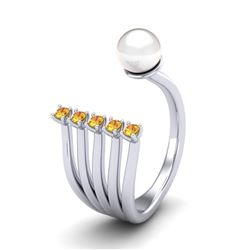 0.75 CTW Yellow Sapphire & White Pearl Designer Ring 14K White Gold - REF-27X3T - 20865