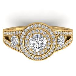 1.50 CTW Certified VS/SI Diamond Art Deco 3 Stone Halo Ring 14K Yellow Gold - REF-170Y8K - 30374