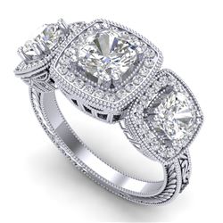 2.75 CTW Cushion Cut VS/SI Diamond Art Deco 3 Stone Band 18K White Gold - REF-609M3H - 37040