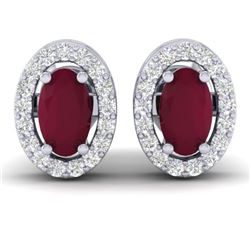 1.02 CTW Ruby & Micro Pave VS/SI Diamond Earrings Halo 18K White Gold - REF-32W8F - 21191