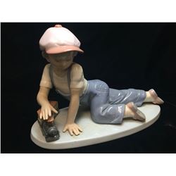 Lladro Figurine 'All Aboard' Boy with Toy Train Handmade Décor