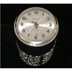Vintage Bulova Silver Cylandrical Desk Alarm Clock with Compartments
