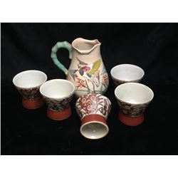 Lot of 6 Japan Stylized Saki Shot Glasses & Pitcher