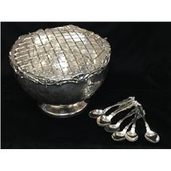 Lot of 3 Old English Reproduction Bowl, Silverware, Eaton Silver Spoons