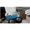 Image 2 : BLUE COLEMAN COOLER, TWO TIRES, AND OLD PAL TACKLE BOX W/ CONTENTS