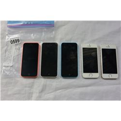 3 APPLE IPHONE 5C, WHITE, BLUE, PINK AND 2 APPLE IPHONE 5S, SILVER, GOLD