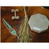 Image 1 : FIRST NATIONS CARVED FEATHER AND DRUM AND LEATHER WHIP AND ROLLER