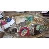 Image 1 : TRAY OF JEWELRY, NECK LACE, AND BRACELET W/ STAND AND 3 MINATURE DOULTON FIGURES