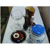 Image 1 : POTTERY BOOT COOKIE JAR AND RIO GLASS CHINA PLATES AND VASE