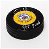 Image 1 : Bernie Nicholls Los Angeles Kings Autographed Retro Logo Puck with Goals Note