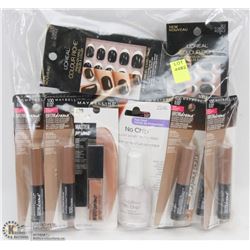 BAG OF ASSORTED MAKEUP AND PRESS ON NAILS