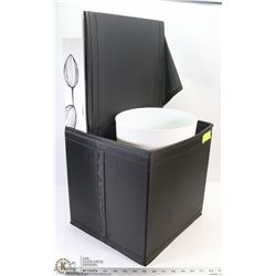 3 COLLAPSIBLE ORGANIZING CUBES, TRASH CAN AND ART