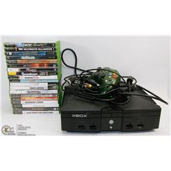 XBOX WITH ONE CONTROLLER & 19 GAMES.
