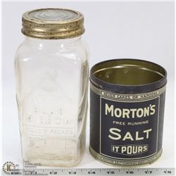 MORTONS SALT TIN & EMBOSSED BLUE RIBBON MASON JAR
