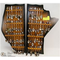 2 WOOD SPOON RACKS FULL OF SPOONS